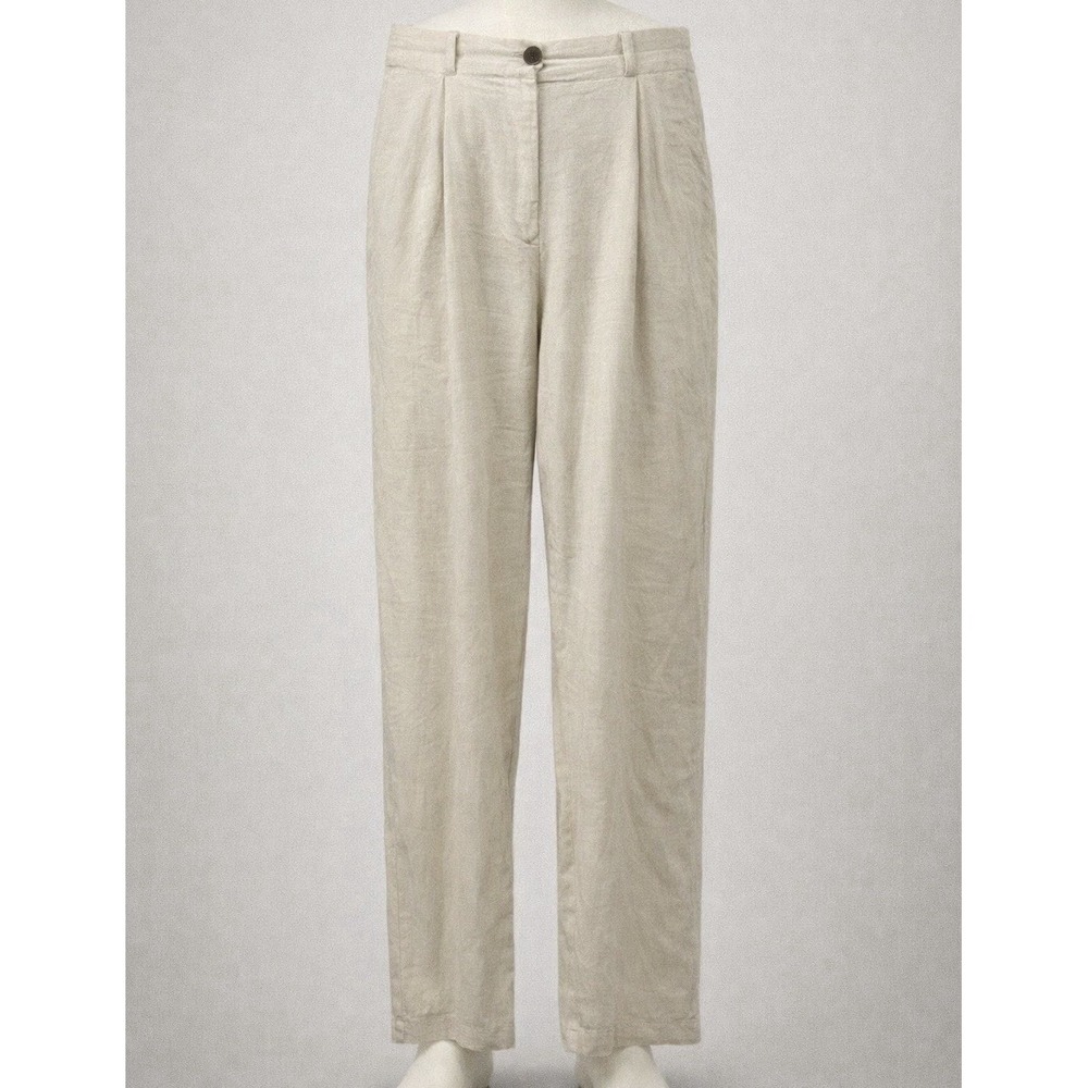 Bershka Linen Blend Pants Womens Size Medium Pleated Beige Straight Leg Trousers
